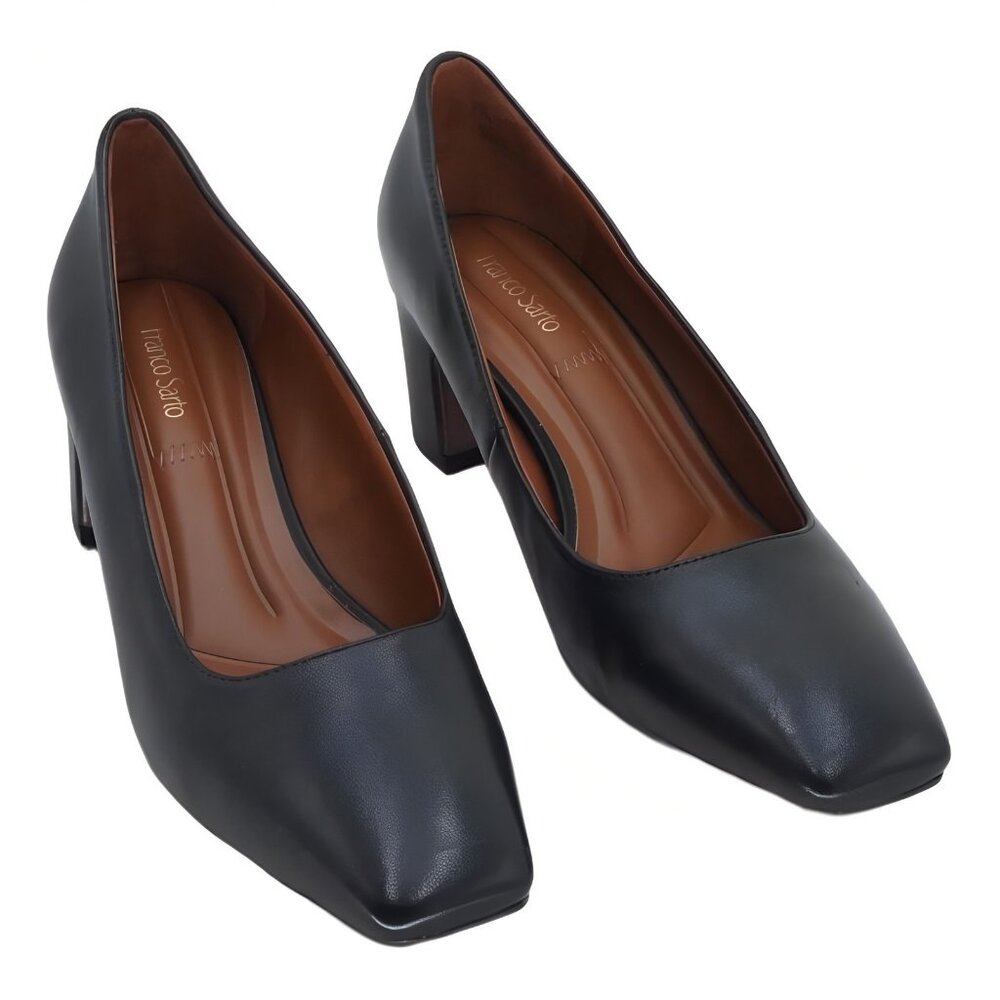 Franco Sarto Black Leather Block Heel Pumps